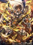  1boy 1girl armor armored_boots boots brown_hair cape company_connection copyright_name fire_emblem fire_emblem:_kakusei fire_emblem_cipher frederik_(fire_emblem) hagiya_kaoru holding holding_weapon horse horseback_riding male_focus official_art open_mouth riding shield short_hair shoulder_armor sword weapon 