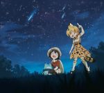  animal_ears grass kaban kemono_friends lucky_beast_(kemono_friends) night outdoors serval_(kemono_friends) serval_ears serval_print serval_tail shooting_star star_(sky) tail tree 