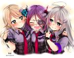  3girls :d ^_^ ahoge artist_name bangs blonde_hair blush brown_eyes brown_hair closed_eyes closed_mouth eyebrows_visible_through_hair eyepatch fang grey_eyes grey_hair grin hair_between_eyes hands_on_another&#039;s_shoulders handup hayasaka_mirei highres horns hoshi_shouko idolmaster idolmaster_cinderella_girls index_finger_raised individuals kirikirimai_(kkm) long_hair looking_at_another morikubo_nono multicolored_hair multiple_girls necktie open_mouth purple_hair redhead short_sleeves signature smile sweat teeth twitter_username two-tone_hair upper_body wavy_mouth wristband 