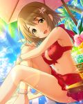  1girl bare_legs barefoot bikini breasts brown_eyes brown_hair cleavage clouds drink drinking_straw ears eyebrows_visible_through_hair flower garnish hair_flower hair_ornament idolmaster idolmaster_cinderella_girls large_breasts lens_flare lime_slice looking_at_viewer midriff mimura_kanako navel official_art open_mouth palm_tree red_bikini short_hair sky solo sun swimsuit tree umbrella 