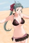  1girl :d bikini bikini_skirt blue_hair blurry breasts cleavage day depth_of_field green_eyes hair_ribbon irako_(kantai_collection) kantai_collection long_hair looking_away medium_breasts microskirt navel ojipon open_mouth outdoors outstretched_arms pleated_skirt ponytail ribbon skirt smile solo swimsuit 