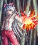  1girl absurdres arm_strap bamboo bamboo_forest breasts fire forest fujiwara_no_mokou funami_dingo hair_ribbon hand_in_pocket highres light_smile long_hair looking_at_viewer nature ofuda pants red_eyes ribbon shirt silver_hair small_breasts solo suspenders touhou tress_ribbon very_long_hair 