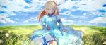  1girl ahoge aqua_eyes bangs blonde_hair blue_bow blue_dress blue_skirt bow closed_mouth clouds dress fate/stay_night fate_(series) field grass highres horizon light_particles long_hair looking_at_viewer magicians_(zhkahogigzkh) saber skirt skirt_hold sky solo tears walking watermark 