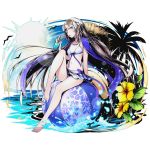  1girl absurdly_long_hair arm_support bikini bikini_skirt blonde_hair blue_eyes blue_nails breasts cleavage divine_gate drinking floating_hair flower full_body glasses_on_head groin hibiscus jewelry long_hair nail_polish necklace official_art palm_tree purple_ribbon ribbon shadow sitting small_breasts solo sunglasses swimsuit toenail_polish transparent_background tree ucmm very_long_hair white_bikini yellow_flower 