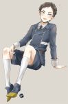  1boy :d atsushi_toushirou black_hair grey_eyes k-mame kneehighs male_focus military military_uniform necktie open_mouth shorts sitting smile touken_ranbu uniform white_legwear 