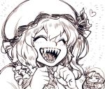  2girls :d =3 bat_wings bow closed_eyes eyes flandre_scarlet food grin happy hat hat_ribbon heart mob_cap multiple_girls open_mouth pudding remilia_scarlet ribbon sharp_teeth short_hair siblings sisters smile space_jin teeth tongue touhou vampire wings 