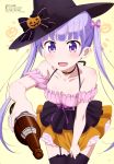  1girl absurdres bare_shoulders black_legwear bow drink garter_belt hat highres kikuchi_ai long_hair new_game! official_art open_mouth pumpkin_hat purple_hair scan solo suzukaze_aoba thigh-highs twintails violet_eyes witch_hat 