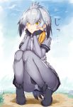  1girl abusoru black_gloves black_hair black_shoes eyebrows_visible_through_hair fingerless_gloves full_body gloves grey_hair grey_legwear grey_necktie grey_shirt grey_shorts hair_between_eyes head_wings highres kemono_friends looking_at_viewer multicolored_hair necktie panties pantyhose pantyshot pantyshot_(squatting) shirt shoebill_(kemono_friends) shoes shorts side_ponytail solo squatting underwear yellow_eyes 