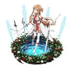  1girl :d asuna_(sao) brown_eyes brown_hair detached_sleeves dress floating_hair full_body holding holding_sword holding_weapon long_hair looking_at_viewer open_mouth pleated_dress red_flower simple_background smile solo standing sword sword_art_online thigh-highs very_long_hair weapon white_background white_flower white_legwear 