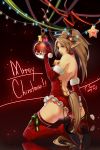  absurdres antlers arm_support ass bare_shoulders bauble bell blonde_hair boots choker christmas elbow_gloves elf eyelashes frills fur_trim gloves green_eyes high_heel_boots high_heels highres kneeling kyouki_no_kimi lips looking_back merry_christmas original parted_lips pointy_ears ponytail reflection shoulder_blades tail thigh-highs thigh_boots 