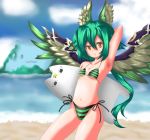  1girl aqua_hair arm_behind_head armpits beach bikini breasts feathered_wings head_wings long_hair looking_at_viewer medjedra orange_eyes puzzle_&amp;_dragons ruel_(p&amp;d) striped striped_bikini swimsuit tagme theseiferone wings 