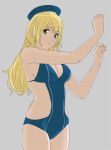  1girl adapted_costume arms_up atago_(kantai_collection) blonde_hair blue_swimsuit breasts casual_one-piece_swimsuit cleavage cowboy_shot green_eyes grey_background hat kantai_collection long_hair looking_at_viewer medium_breasts ojipon one-piece_swimsuit simple_background smile solo swimsuit 