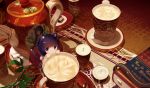  1girl animal_ears atha_(leejuiping) blue_eyes blue_hair book candle cat_ears cat_tail chibi cup drink leaf long_hair minigirl original revision tail tea teacup teapot 