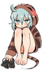  &gt;:&lt; 1girl :&lt; ahoge aqua_eyes aqua_hair barefoot blush_stickers body_blush closed_mouth commentary eyebrows_visible_through_hair eyelashes feet feet_together fingernails full_body geta greek_toe hair_between_eyes hand_in_pocket hood hoodie horizontal_stripes jitome jpeg_artifacts kemono_friends legs_together long_sleeves looking_at_viewer no_nose oekaki pocket saiver321 sandals sandals_removed sanpaku shiny shiny_hair shiny_skin sitting snake_tail solo striped striped_clothes striped_hood striped_hoodie striped_tail tail toenails toes tsuchinoko_(kemono_friends) 