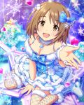  1girl blue_dress boots breasts brown_eyes brown_hair christmas christmas_ornaments christmas_tree cleavage collarbone dress ears eyebrows_visible_through_hair fur_trim fur_trimmed_boots hair_ornament hair_ribbon idolmaster idolmaster_cinderella_girls jewelry large_breasts layered_dress mimura_kanako necklace official_art ribbon short_hair snowflakes solo thigh-highs 