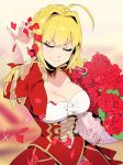  &gt;:) 1girl ahoge blonde_hair bouquet breasts cleavage closed_eyes closed_mouth commentary dress epaulettes fate/extra fate_(series) flower hair_intakes holding holding_bouquet koshiro_itsuki meme parody petals red_dress red_rose rose saber_extra salt_bae_(meme) short_hair solo sparkle 