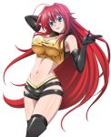  1girl ahoge arm_behind_head black_boots black_gloves black_legwear black_shorts boots breasts choker cleavage crop_top elbow_gloves erect_nipples floating_hair gloves green_eyes hand_in_hair high_school_dxd large_breasts long_hair looking_at_viewer midriff navel redhead rias_gremory short_shorts shorts solo standing stomach thigh-highs thigh_boots transparent_background very_long_hair 