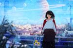  1girl black_hair blouse blue_sky blurry bokeh cat cityscape day depth_of_field flower glasses high-waist_skirt long_hair long_skirt long_sleeves nakamura_yukihiro original outdoors planet railing round_glasses saturn short_hair skirt sky solo standing sunflower sunlight white_blouse white_cat 