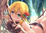  1girl adapted_costume anchor_hair_ornament aqua_eyes ass beach bikini blonde_hair breasts cleavage cleavage_cutout eyebrows_visible_through_hair flower hair_flower hair_ornament hammock highres kantai_collection nicoby no_hat no_headwear palm_tree prinz_eugen_(kantai_collection) smile solo swimsuit tree twintails 