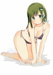  1girl ass bare_arms bare_legs bare_shoulders barefoot blush breasts frog_hair_ornament green_eyes green_hair green_nails hair_ornament kochiya_sanae large_breasts long_hair nail_polish simple_background solo tamagogayu1998 touhou white_background 