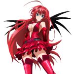  1girl ahoge belt black_panties black_wings boots breasts cleavage dress elbow_gloves floating_hair from_below gloves gluteal_fold green_eyes hair_between_eyes hand_on_hip high_school_dxd long_hair looking_at_viewer looking_down medium_breasts panties red_boots red_dress red_gloves redhead rias_gremory shiny shiny_clothes shiny_skin short_dress solo standing thigh-highs thigh_boots transparent_background underwear very_long_hair wings zipper 
