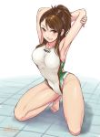  1girl armpits arms_behind_head barefoot breasts brown_eyes brown_hair clenched_teeth commentary_request competition_swimsuit covered_navel eyebrows_visible_through_hair full_body girls_und_panzer grin highres italian_flag kneeling legs_apart long_hair looking_at_viewer medium_breasts one-piece_swimsuit revision short_hair signature siko_(girls_und_panzer) smile solo solokov_(okb-999) stretch swimsuit teeth 