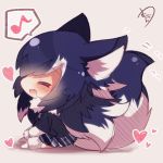  1girl animal_ears black_hair blush chibi closed_eyes fang fur_collar gloves grey_wolf_(kemono_friends) heart kemono_friends long_hair long_sleeves multicolored_hair musical_note muuran open_mouth skirt solo speech_bubble tail two-tone_hair wolf_ears wolf_tail 