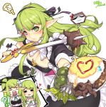  !? 3girls absurdres angry apron artist_name bare_shoulders blush breasts character_request cleavage elf elsword eyebrows_visible_through_hair flower food green_hair hair_flower hair_ornament head_wings highres impaled kyouki_no_kimi long_hair looking_at_viewer maid multiple_girls pointy_ears ponytail rice simple_background sword tray twig weapon wrist_cuffs 