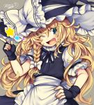  1girl black_gloves black_ribbon blonde_hair blue_eyes blush bow eyebrows_visible_through_hair fingerless_gloves gloves hair_bow hand_on_hip hat index_finger_raised iroyopon kirisame_marisa looking_at_viewer one_eye_closed ribbon smile solo thick_eyebrows touhou white_bow witch witch_hat 