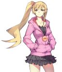  1girl blonde_hair breasts gebyy-terar hands_in_pockets hood hooded_jacket jacket long_hair looking_at_viewer monogatari_(series) oshino_shinobu pointy_ears side_ponytail simple_background skirt smile solo white_background yellow_eyes 