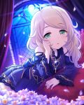  1girl ahoge blonde_hair brooch curtains dress eyebrows_visible_through_hair flower green_eyes hand_on_own_face idolmaster idolmaster_cinderella_girls jewelry looking_at_viewer messy_hair moon moonlight night official_art open_mouth pillow platinum_blonde purple_dress simple_background sleepy solo window yusa_kozue 