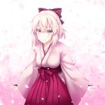 1girl absurdres akino_sora arms_at_sides artist_name bangs black_bow blonde_hair blurry bow breasts c: cherry_blossoms closed_mouth depth_of_field eyebrows_visible_through_hair fate_(series) hair_between_eyes hair_bow hakama half_updo highres japanese_clothes koha-ace large_breasts looking_at_viewer petals pleated_skirt purple_skirt sakura_saber short_hair signature skirt smile solo wide_sleeves yellow_eyes 