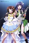  2girls ;d absurdres armpits bang_dream! blue_hair blue_shorts bow brown_eyes brown_hair checkered checkered_floor collarbone copyright_name dress guitar hair_bow head_tilt highres holding holding_instrument holding_microphone index_finger_raised instrument jewelry long_hair looking_at_viewer microphone microphone_stand multiple_girls necklace oguri_hiroko one_eye_closed open_mouth see-through short_shorts shorts sleeveless sleeveless_dress smile star_necklace toyama_kasumi ushigome_yuri violet_eyes white_bow wrist_cuffs 