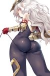  1girl absurdres ass ass_support bodysuit elbow_gloves eyebrows_visible_through_hair from_behind from_below gloves granblue_fantasy headpiece hews_hack highres huge_filesize looking_back medusa_(shingeki_no_bahamut) pointy_ears red_eyes red_gloves shadowverse shingeki_no_bahamut silver_hair simple_background skindentation solo string tail vambraces white_background 
