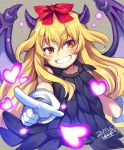  blonde_hair blush bow character_request dated eyebrows_visible_through_hair gloves hair_bow heart horns iroyopon long_hair looking_at_viewer open_mouth orange_eyes red_bow signature smile white_gloves wings 