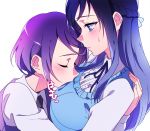  2girls blue_eyes blue_hair blush closed_eyes dokidoki!_precure hishikawa_rikka kenzaki_makoto long_hair looking_at_another multiple_girls negom precure purple_hair short_hair simple_background upper_body white_background yuri 