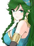  1girl armlet bare_shoulders blue_dress blush braid breasts commentary dress earrings eyebrows_visible_through_hair fire_emblem fire_emblem:_rekka_no_ken fire_emblem_heroes from_side green_eyes green_hair high_ponytail highres jewelry long_hair lyndis_(fire_emblem) ormille ponytail sideboob smile twin_braids 