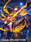  1girl arm_guards armor bangs belt black_hair book cape company_connection copyright_name fire_emblem fire_emblem:_kakusei fire_emblem_cipher furikawa_arika hair_ornament holding holding_weapon horse horseback_riding long_hair looking_at_viewer magic moon night night_sky outdoors riding sky smile solo sword tharja thigh-highs violet_eyes weapon 