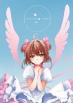  1girl brown_hair card_captor_sakura copyright_name dress english feng_you green_eyes hands_together kinomoto_sakura looking_at_viewer short_hair short_twintails smile solo twintails wings 