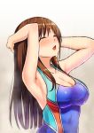  1girl bare_shoulders blue_swimsuit breasts breath brown_hair closed_eyes competition_swimsuit covered_navel highres idolmaster idolmaster_cinderella_girls idolmaster_cinderella_girls_starlight_stage looking_at_viewer nitta_minami one-piece_swimsuit shower simple_background smile solo standing swimsuit swimsuit_pull upper_body wet white_background y_umiharu 