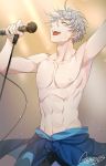  1boy artist_name closed_eyes clothes_around_waist gearous male_focus microphone microphone_stand open_mouth shirtless silver_hair smile toned toned_male viktor_nikiforov yuri!!!_on_ice 