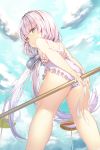  1girl aile_(crossroads) ass bangs beach_umbrella beads blue_eyes blunt_bangs blush casual_one-piece_swimsuit clouds day dragon_girl frilled_swimsuit frills from_behind hair_beads hair_ornament hairband kanna_kamui kneepits kobayashi-san_chi_no_maidragon lavender_hair lavender_swimsuit lips long_hair looking_at_viewer looking_back one-piece_swimsuit outdoors revision sky solo standing swimsuit thighs twintails umbrella 
