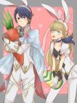  1boy 1girl alfonse_(fire_emblem) animal_ears blonde_hair blush breasts cape carrot chibi cleavage dress easter_egg embarrassed fire_emblem fire_emblem_heroes gloves holding looking_at_viewer rabbit_ears sharena smile 