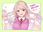  1girl akamatsu_kaede aro_ro22dr blonde_hair blush breasts butterfly collared_shirt dangan_ronpa happy_birthday large_breasts long_hair long_sleeves musical_note_hair_ornament necktie new_dangan_ronpa_v3 open_mouth purple_sweater red_necktie shirt smile solo sweater_vest upper_body violet_eyes white_shirt 