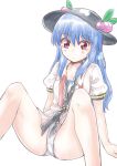  1girl black_hat blue_hair buttons collared_shirt eyebrows_visible_through_hair food frilled_shirt frills fruit hat hat_leaf hinanawi_tenshi long_hair nibi no_pants panties partially_unbuttoned peach puffy_short_sleeves puffy_sleeves red_eyes red_ribbon ribbon shirt short_sleeves simple_background sitting solo spread_legs touhou underwear white_background white_panties white_shirt 