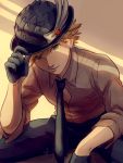  1boy adrien_agreste black_gloves blonde_hair bowler_hat ceejles gloves green_eyes half_gloves hat hat_tip highres male_focus miraculous_ladybug necktie shade signature sitting smile solo 