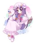  1girl blush book capelet crescent cup dress full_body hair_ribbon hat highres long_hair long_sleeves looking_at_viewer mob_cap open_book patchouli_knowledge purple_hair ribbon sitting solo star teacup touhou tress_ribbon vanilla_(miotanntann) violet_eyes 