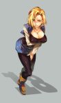  1girl android_18 blonde_hair blue_eyes blush boots breasts cleavage collarbone dragon_ball full_body grey_background highres jacket juvecross large_breasts leaning_forward leggings long_sleeves looking_to_the_side number open_clothes open_jacket pantyhose pink_lips simple_background skirt solo sweatdrop tank_top torn_clothes torn_sleeves 