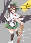  1girl arm_cannon bird_wings black_hair black_wings bow cape flower green_skirt hair_bow hair_flower hair_ornament highres long_hair looking_at_viewer miniskirt red_eyes reiuji_utsuho shirt short_sleeves skirt tetsurou_(fe+) thighs third_eye touhou weapon white_shirt wings 