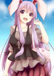  1girl alternate_costume animal_ears bag blouse bunny_head contemporary handbag hisae_(hisae_collect) long_hair open_mouth purple_hair rabbit_ears red_eyes reisen_udongein_inaba ribbon skirt smile solo touhou very_long_hair 